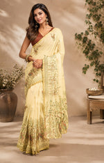Thumbnail for Dwija Fashion Lemon Yellow Party Wear Printed Linen Ready To Wear Saree With Unstitched Blouse