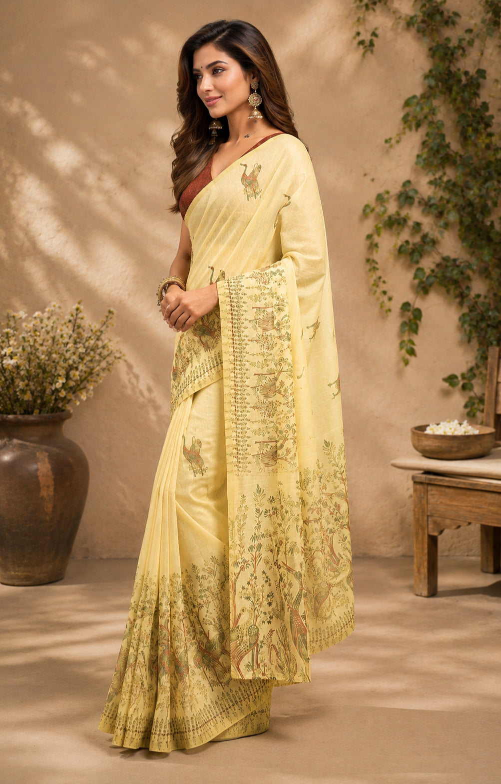 Dwija Fashion Lemon Yellow Party Wear Printed Linen Ready To Wear Saree With Unstitched Blouse