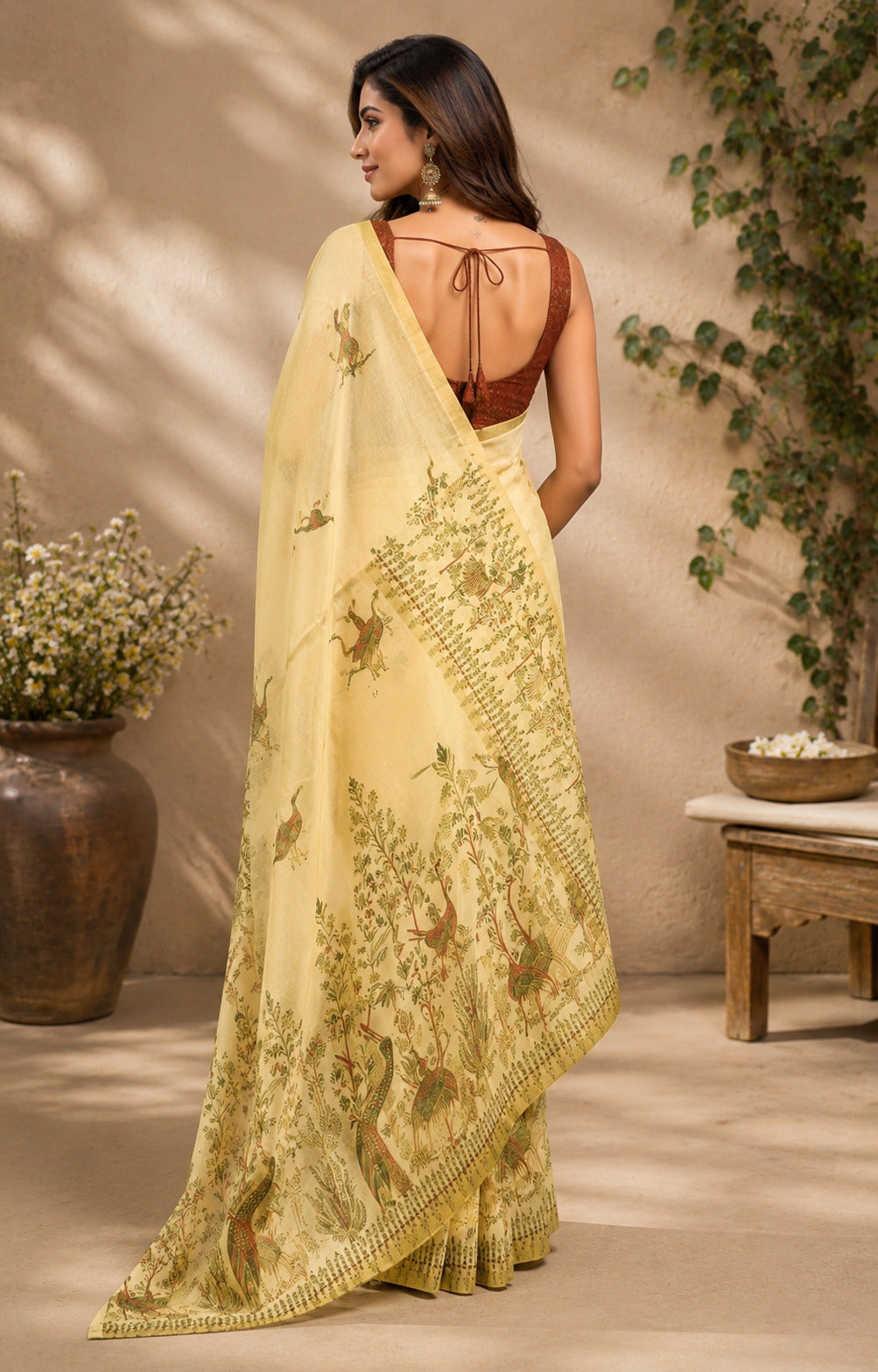 Dwija Fashion Lemon Yellow Party Wear Printed Linen Ready To Wear Saree With Unstitched Blouse