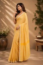Thumbnail for Dwija Fashion Yellow Party Wear Printed Linen Ready To Wear Saree With Unstitched Blouse