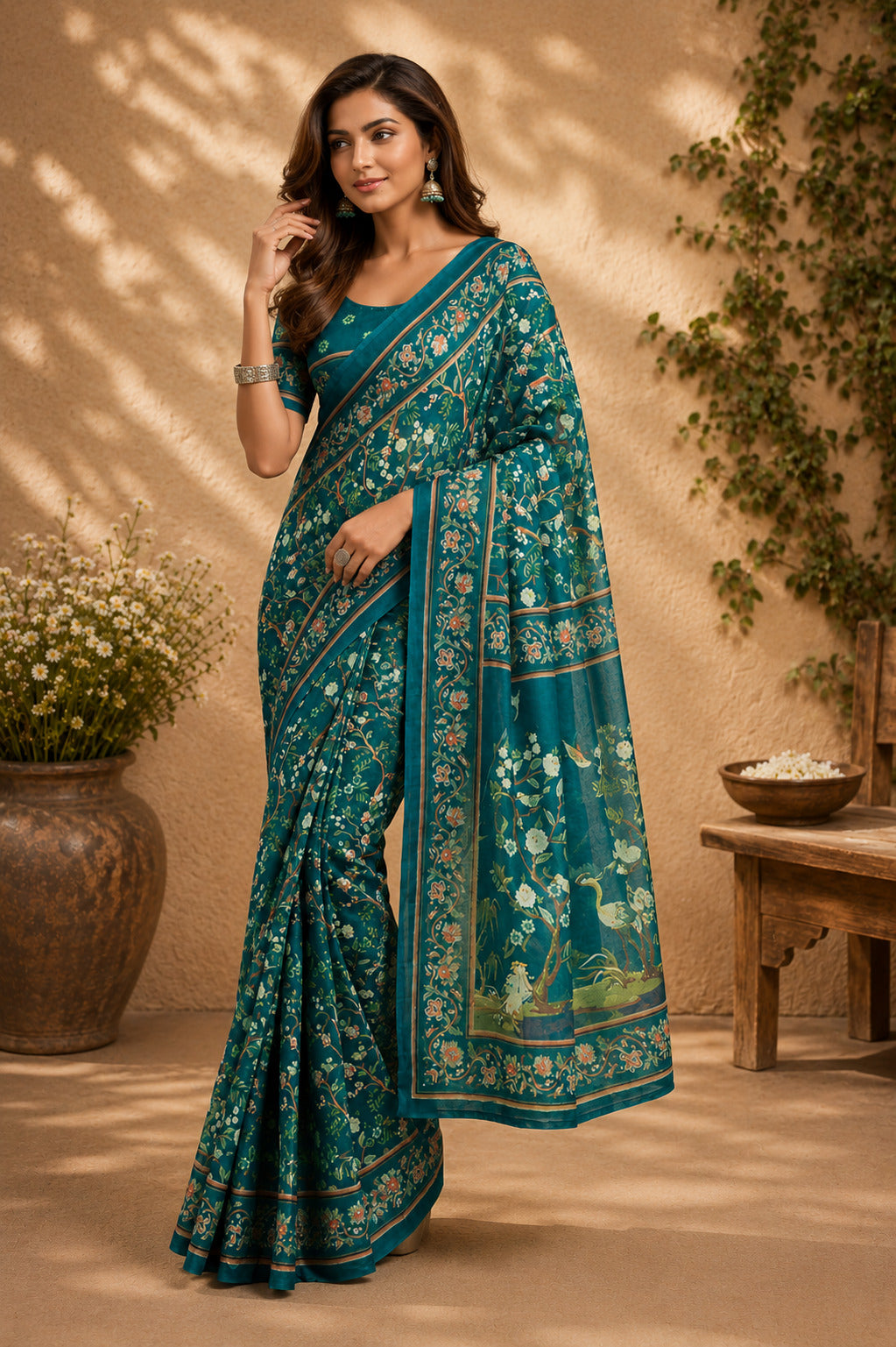 Dwija Fashion Teal Blue Party Wear Printed Linen Ready To Wear Saree With Unstitched Blouse