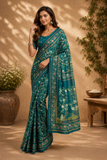 Thumbnail for Dwija Fashion Teal Blue Party Wear Printed Linen Ready To Wear Saree With Unstitched Blouse