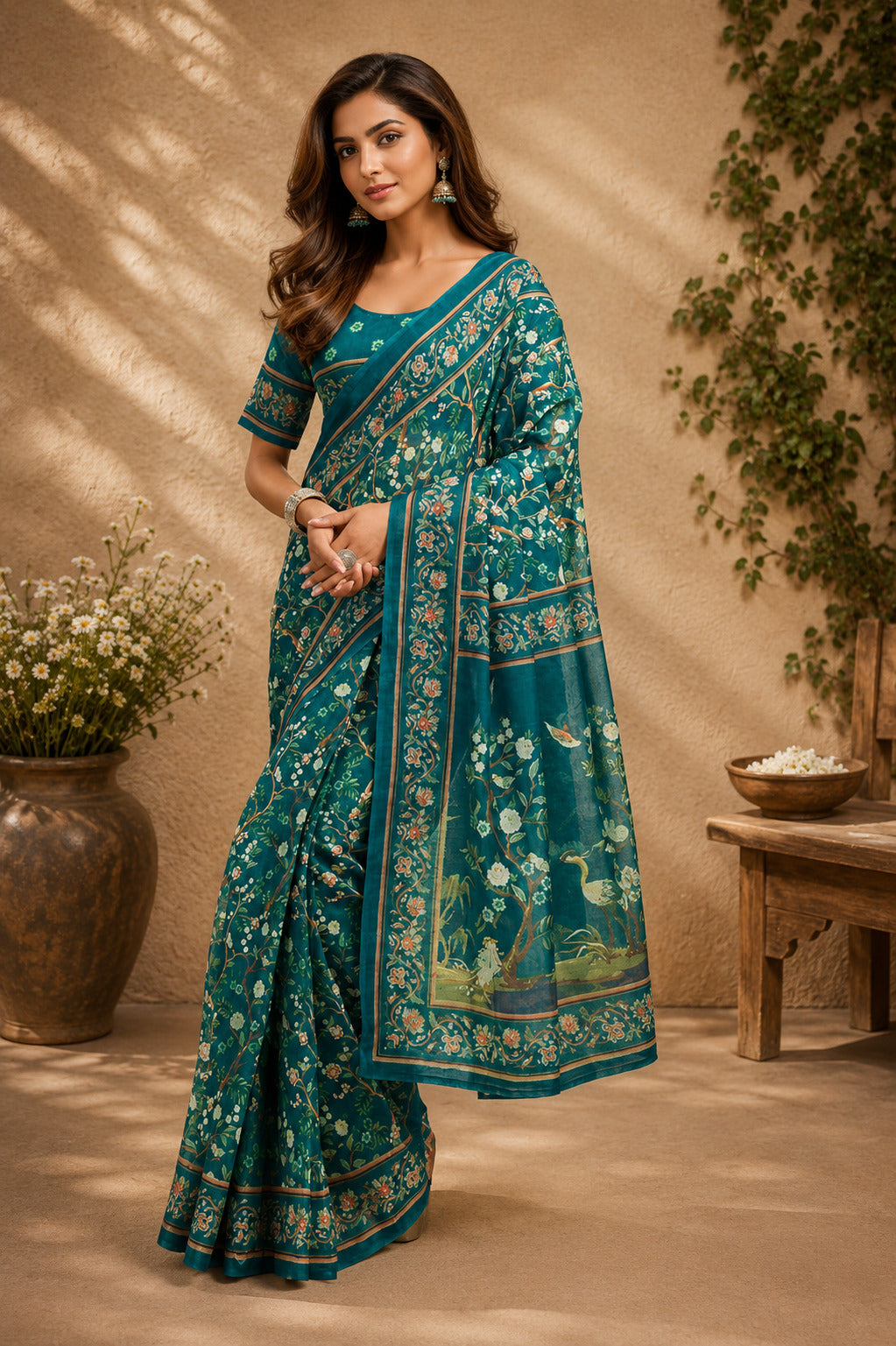 Dwija Fashion Teal Blue Party Wear Printed Linen Ready To Wear Saree With Unstitched Blouse
