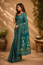 Thumbnail for Dwija Fashion Teal Blue Party Wear Printed Linen Ready To Wear Saree With Unstitched Blouse