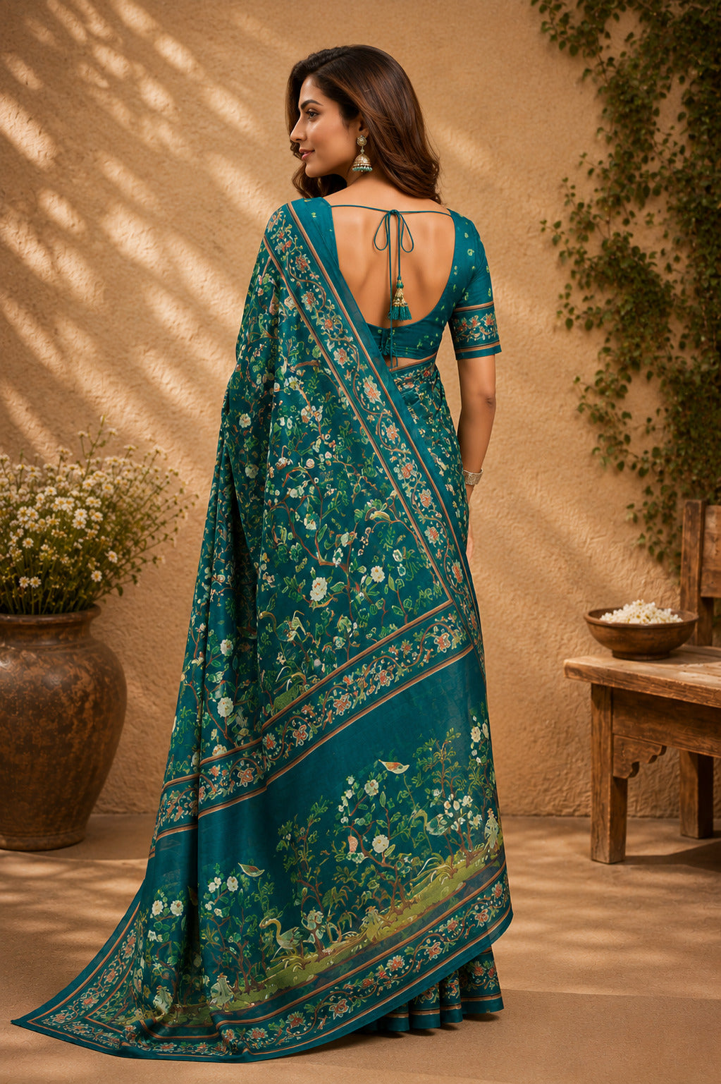 Dwija Fashion Teal Blue Party Wear Printed Linen Ready To Wear Saree With Unstitched Blouse