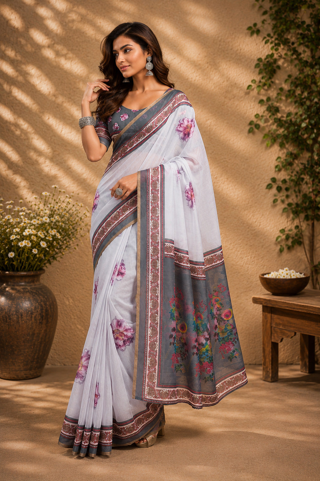 Dwija Fashion Lavender Party Wear Printed Linen Ready To Wear Saree With Unstitched Blouse - Dista