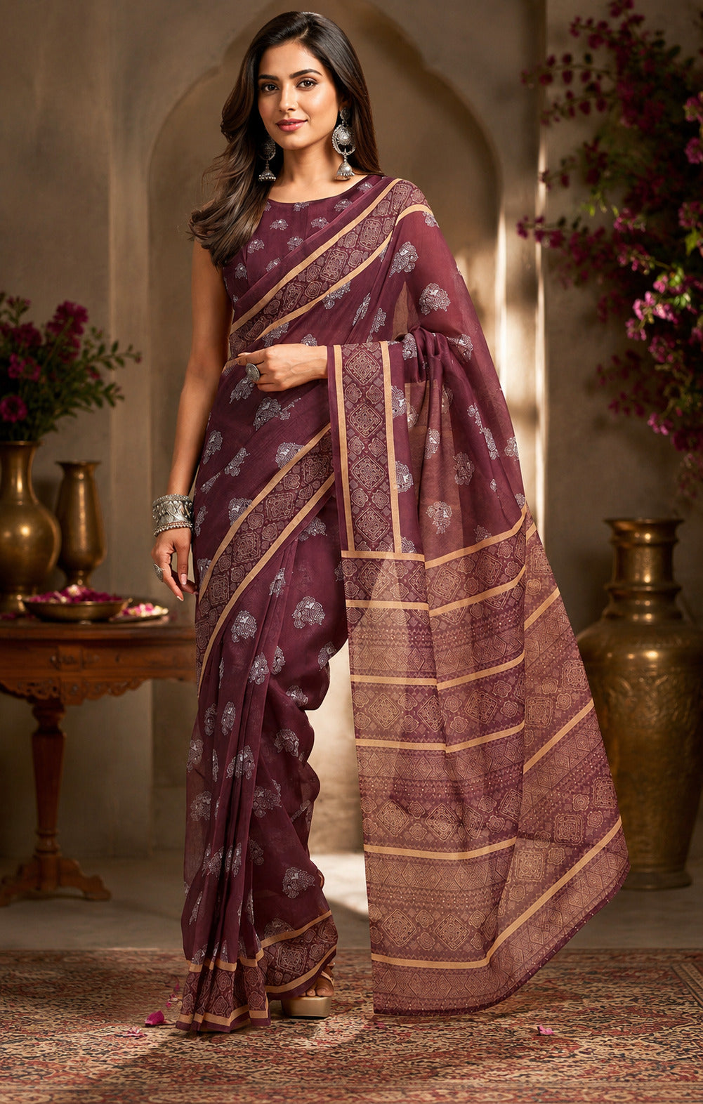 Dwija Fashion Dark Wine Party Wear Printed Linen Ready To Wear Saree With Unstitched Blouse - Dista