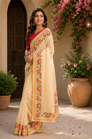 Dwija Fashion Off - White Party Wear Printed Linen Ready To Wear Saree With Unstitched Blouse - Dista