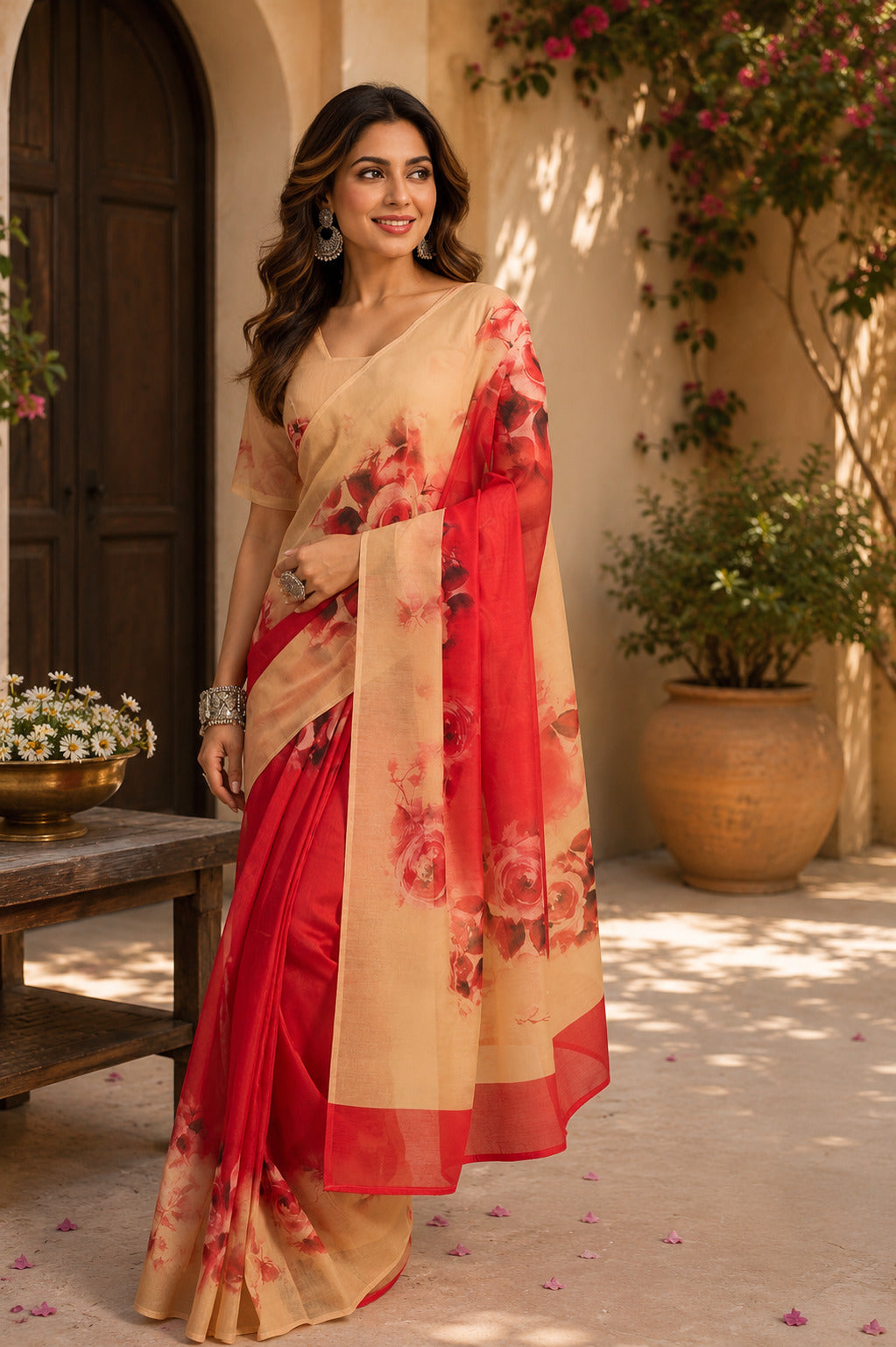 Dwija Fashion Red Party Wear Printed Linen Ready To Wear Saree With Unstitched Blouse