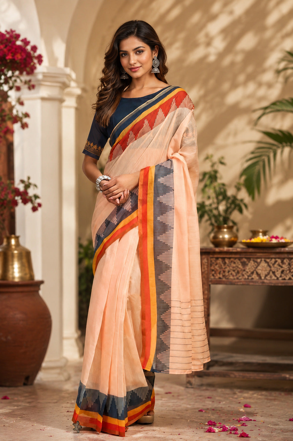 Dwija Fashion Beige Party Wear Printed Linen Ready To Wear Saree With Unstitched Blouse - Dista
