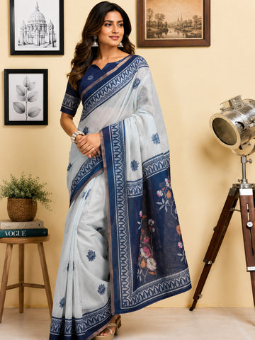 Dwija Fashion White Party Wear Printed Linen Ready To Wear Saree With Unstitched Blouse - Dista