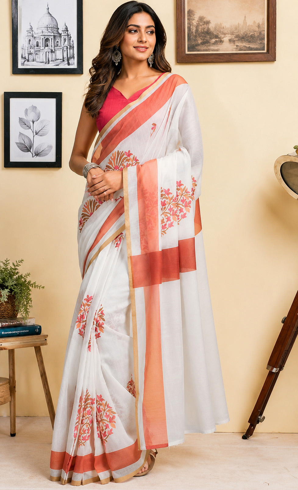Dwija Fashion White Party Wear Printed Linen Ready To Wear Saree With Unstitched Blouse