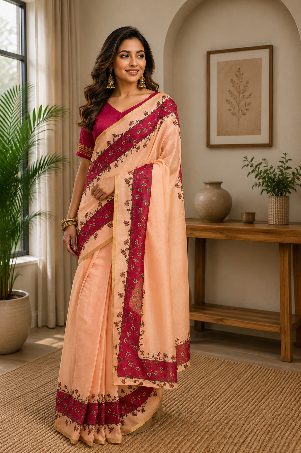Dwija Fashion Peach Party Wear Printed Linen Ready To Wear Saree With Unstitched Blouse