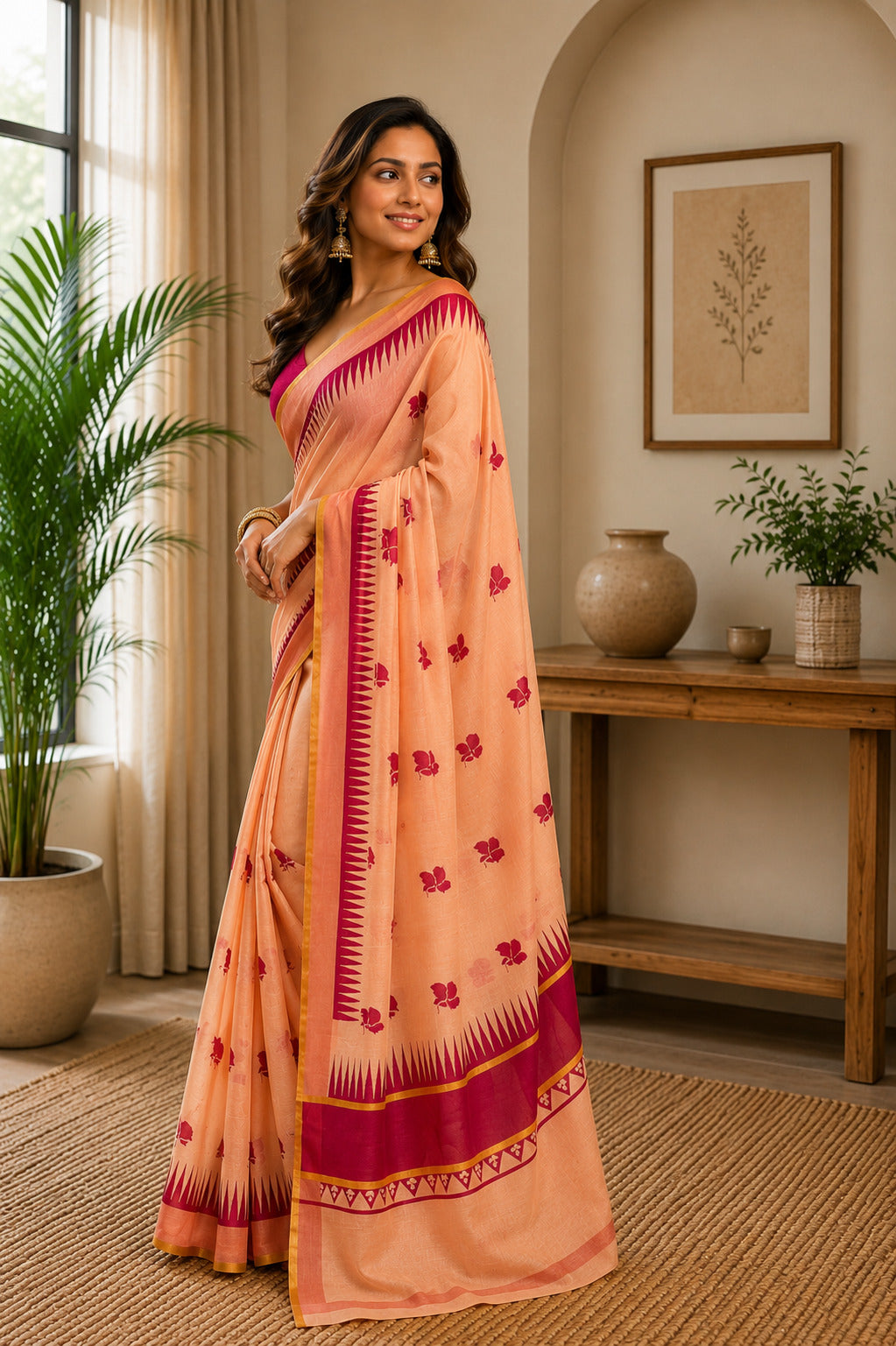 Dwija Fashion Peach Party Wear Printed Linen Ready To Wear Saree With Unstitched Blouse