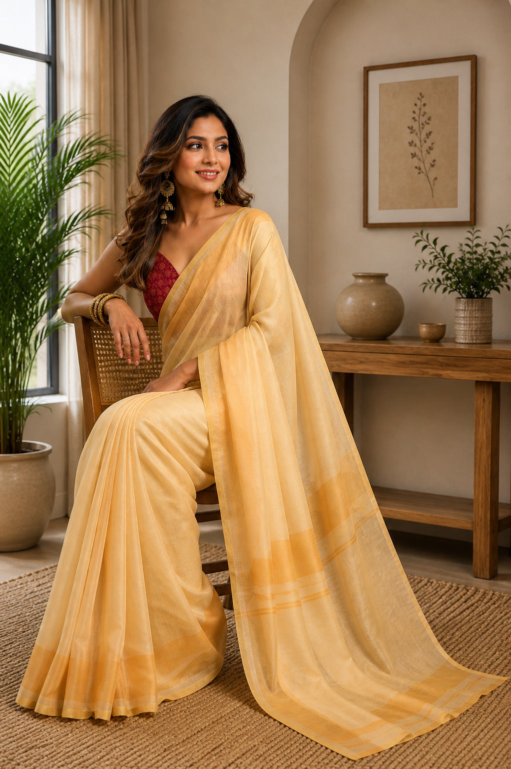Dwija Fashion Yellow Party Wear Printed Linen Ready To Wear Saree With Unstitched Blouse