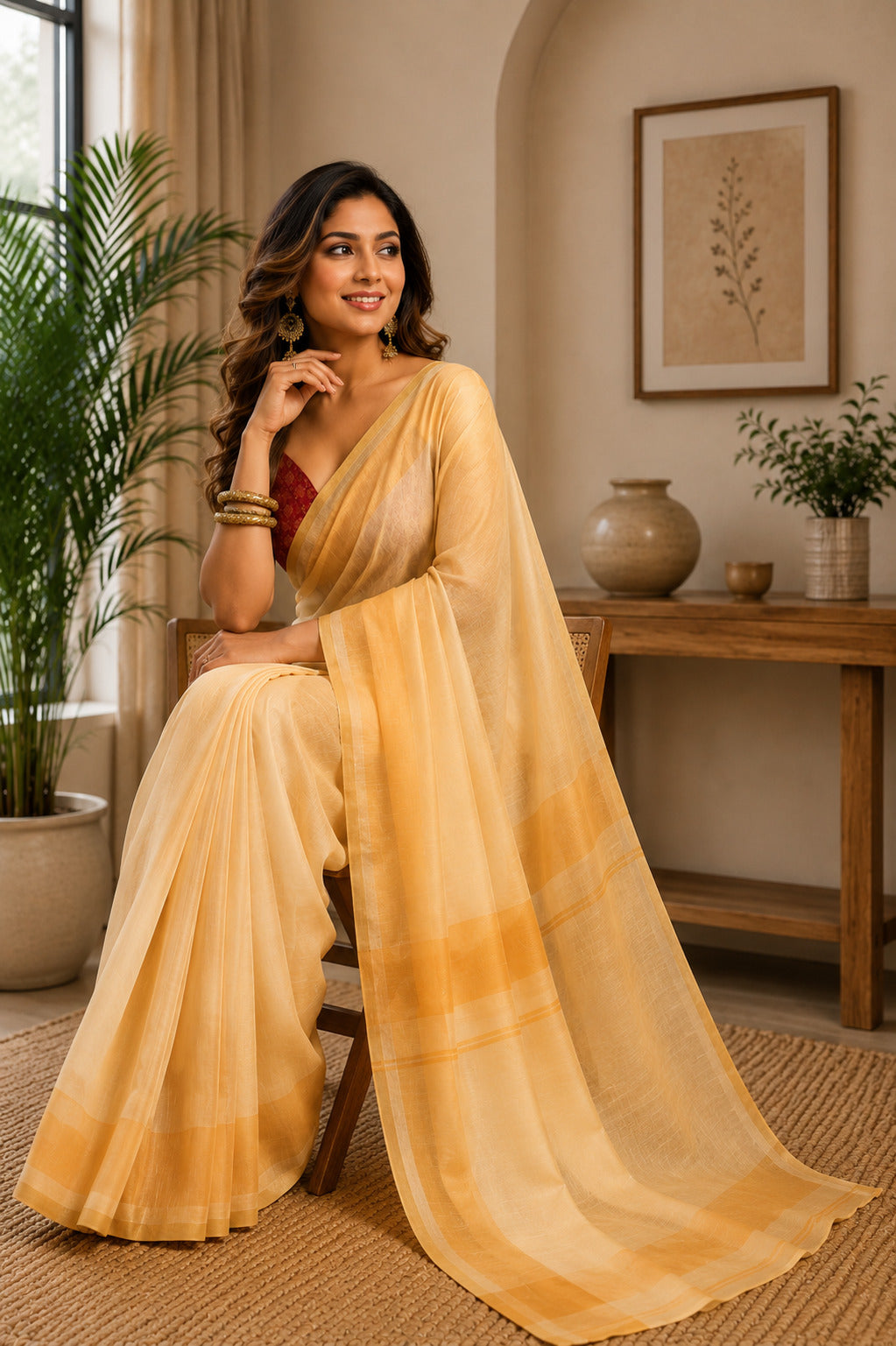 Dwija Fashion Yellow Party Wear Printed Linen Ready To Wear Saree With Unstitched Blouse
