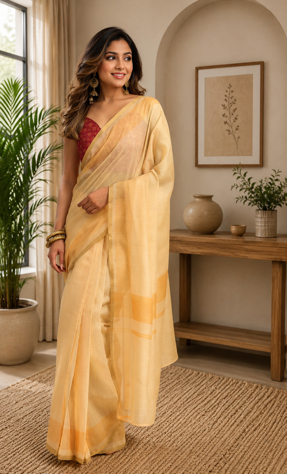 Dwija Fashion Yellow Party Wear Printed Linen Ready To Wear Saree With Unstitched Blouse