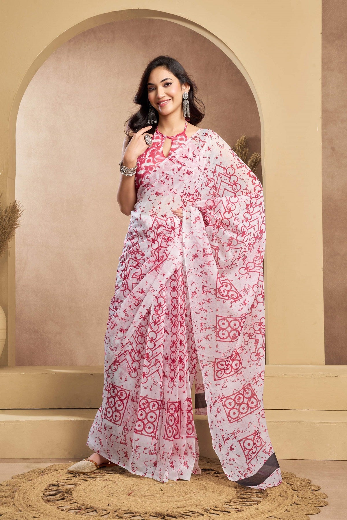Dwija Fashion White Party Wear Printed Linen Ready To Wear Saree With Unstitched Blouse