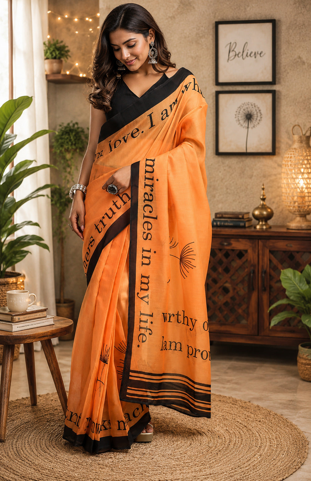 Dwija Fashion Orange Party Wear Printed Linen Ready To Wear Saree With Unstitched Blouse