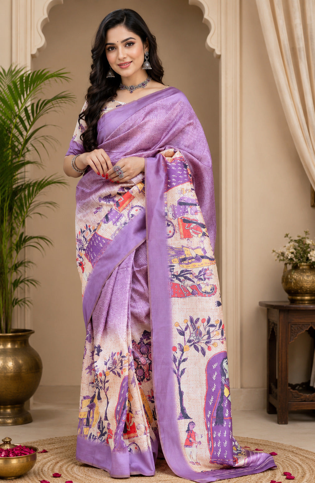 Dwija Fashion Lavender Party Wear Printed Linen Ready To Wear Saree With Unstitched Blouse