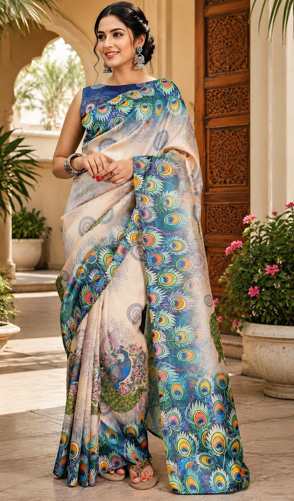 Dwija Fashion White Party Wear Printed Linen Ready To Wear Saree With Unstitched Blouse