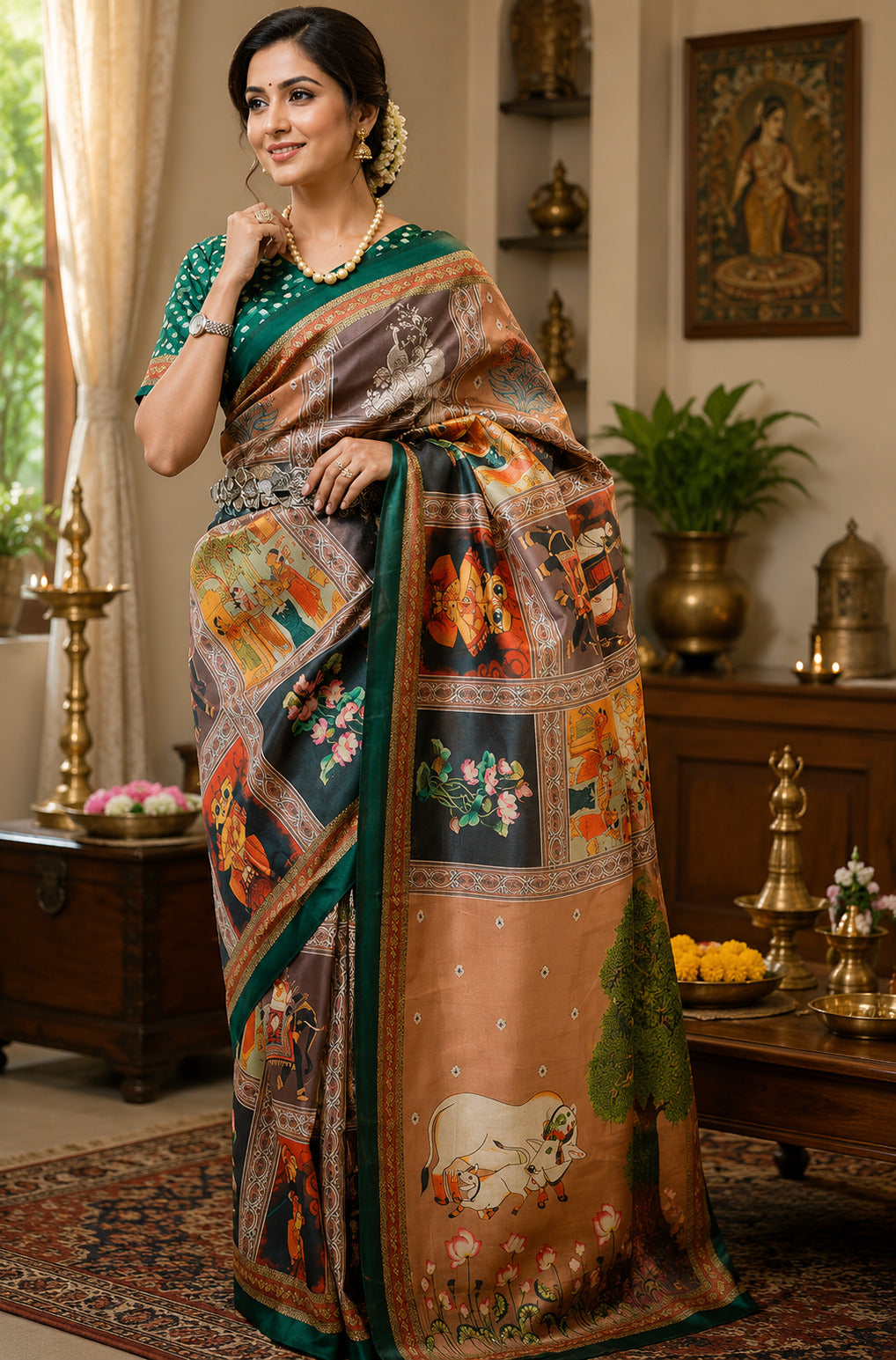 Dwija Fashion Beige Party Wear Printed Linen Ready To Wear Saree With Unstitched Blouse