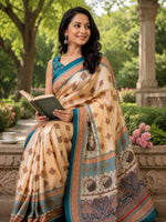 Thumbnail for Dwija Fashion Beige Party Wear Printed Linen Ready To Wear Saree With Unstitched Blouse