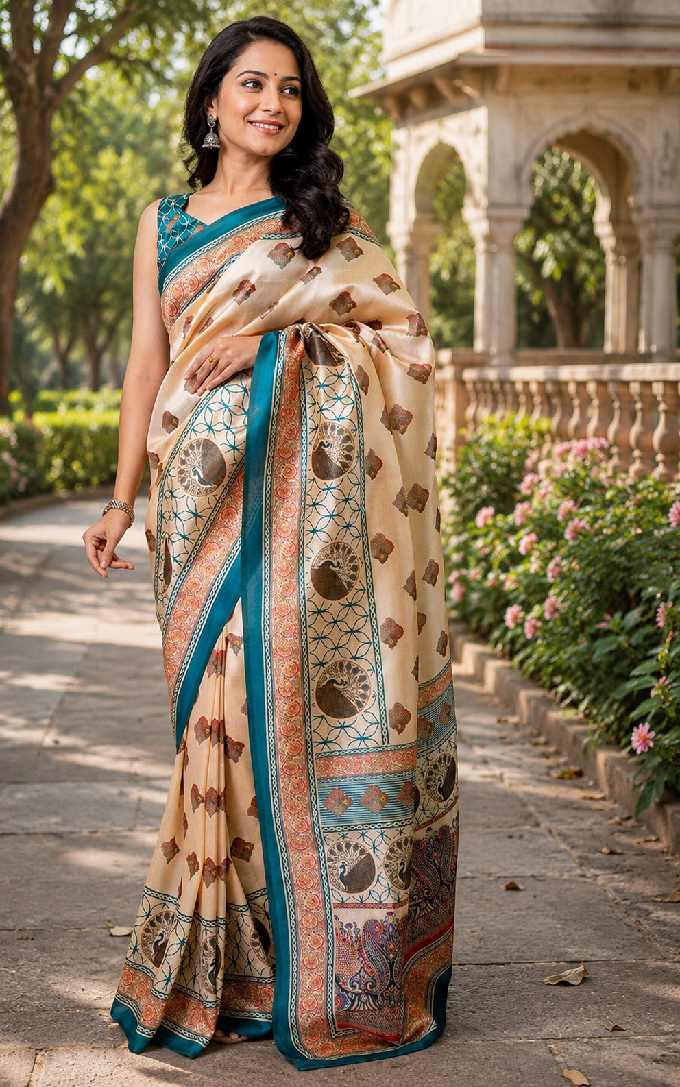 Dwija Fashion Beige Party Wear Printed Linen Ready To Wear Saree With Unstitched Blouse - Dista