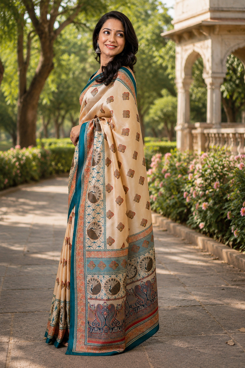 Dwija Fashion Beige Party Wear Printed Linen Ready To Wear Saree With Unstitched Blouse