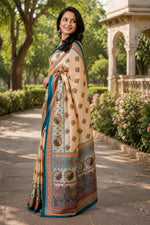 Thumbnail for Dwija Fashion Beige Party Wear Printed Linen Ready To Wear Saree With Unstitched Blouse