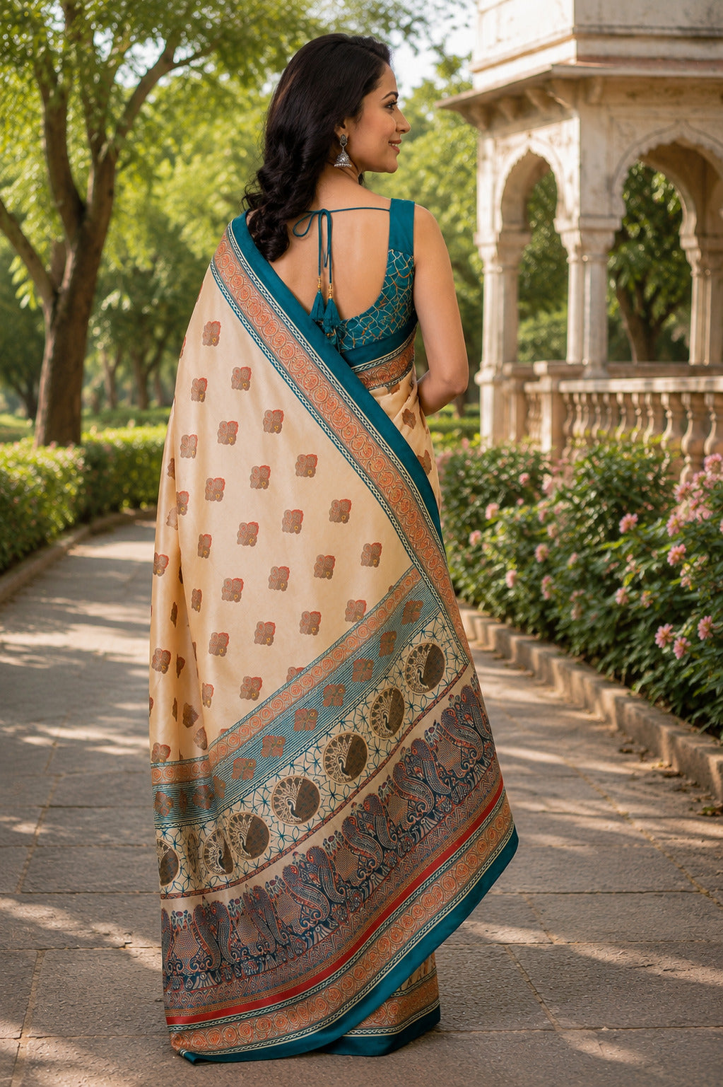 Dwija Fashion Beige Party Wear Printed Linen Ready To Wear Saree With Unstitched Blouse