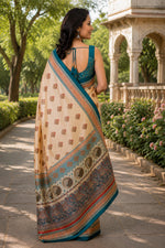 Thumbnail for Dwija Fashion Beige Party Wear Printed Linen Ready To Wear Saree With Unstitched Blouse