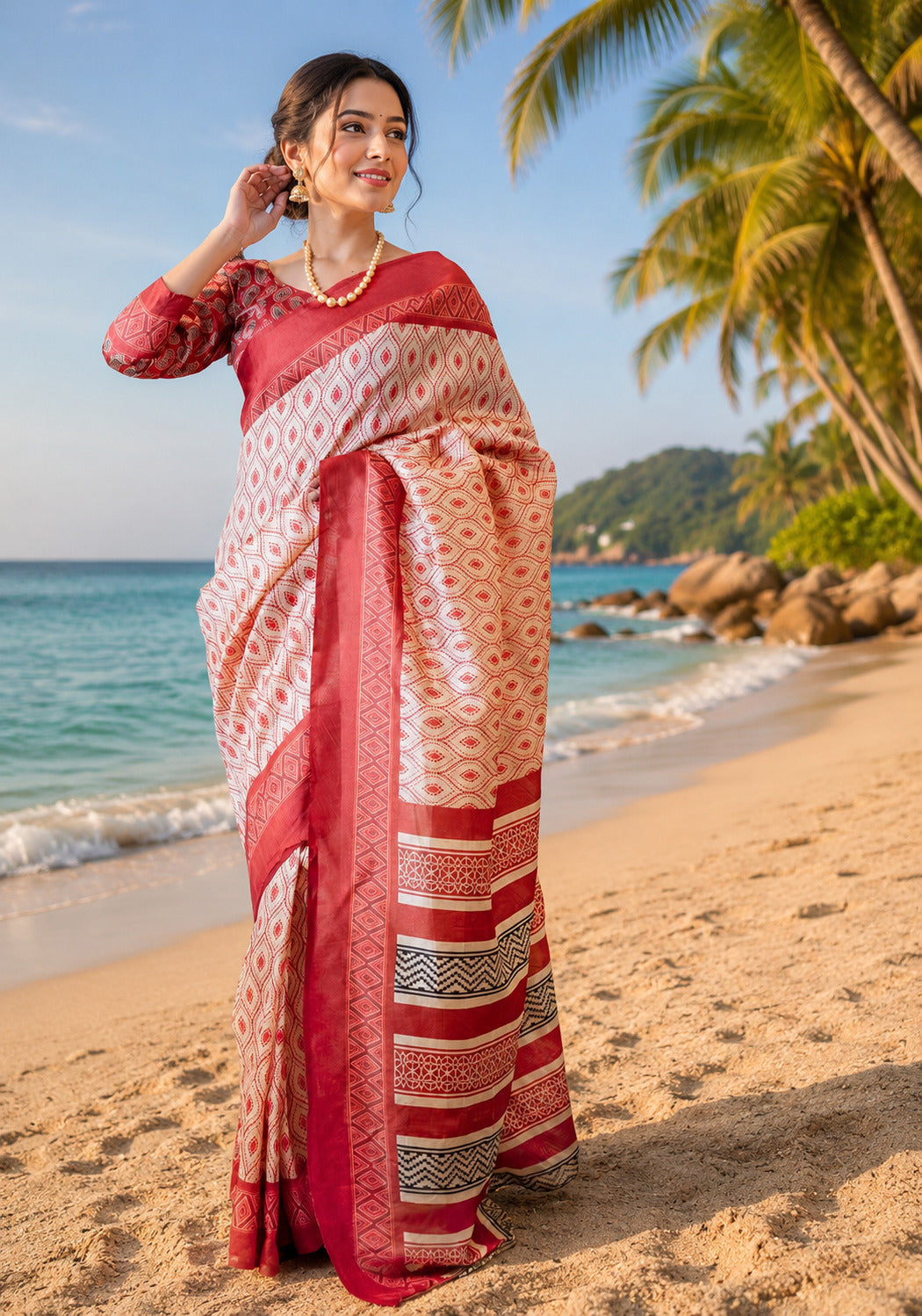 Dwija Fashion White Party Wear Printed Linen Ready To Wear Saree With Unstitched Blouse