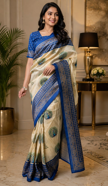 Dwija Fashion Off - White Party Wear Printed Linen Ready To Wear Saree With Unstitched Blouse - Dista