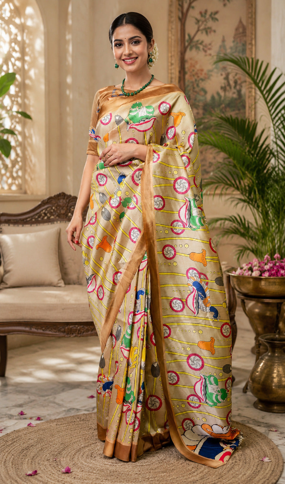 Dwija Fashion Beige Party Wear Printed Linen Ready To Wear Saree With Unstitched Blouse