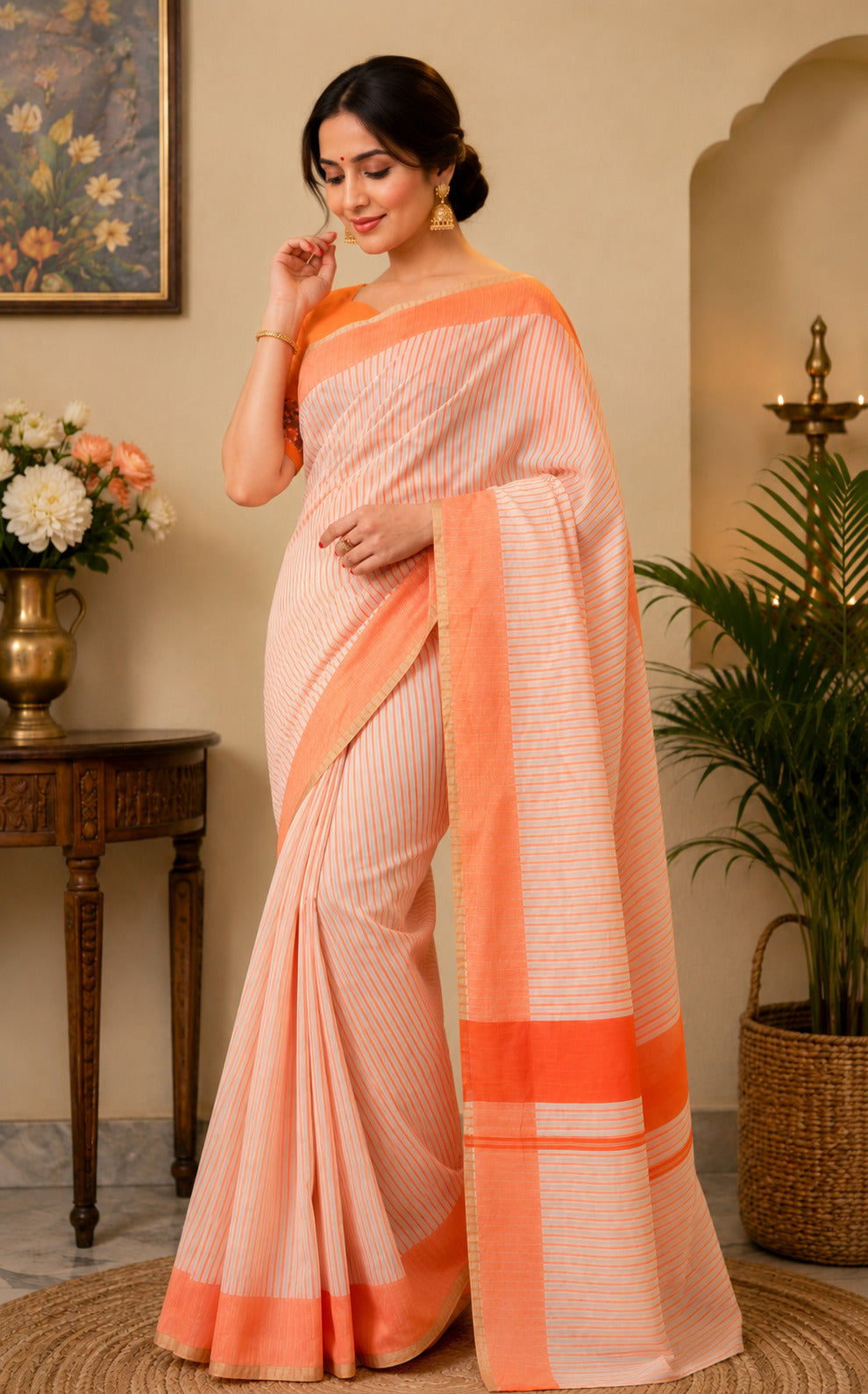 Dwija Fashion Orange Party Wear Printed Linen Ready To Wear Saree With Unstitched Blouse