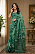 Thumbnail for Dwija Fashion Green Party Wear Printed Linen Ready To Wear Saree With Unstitched Blouse