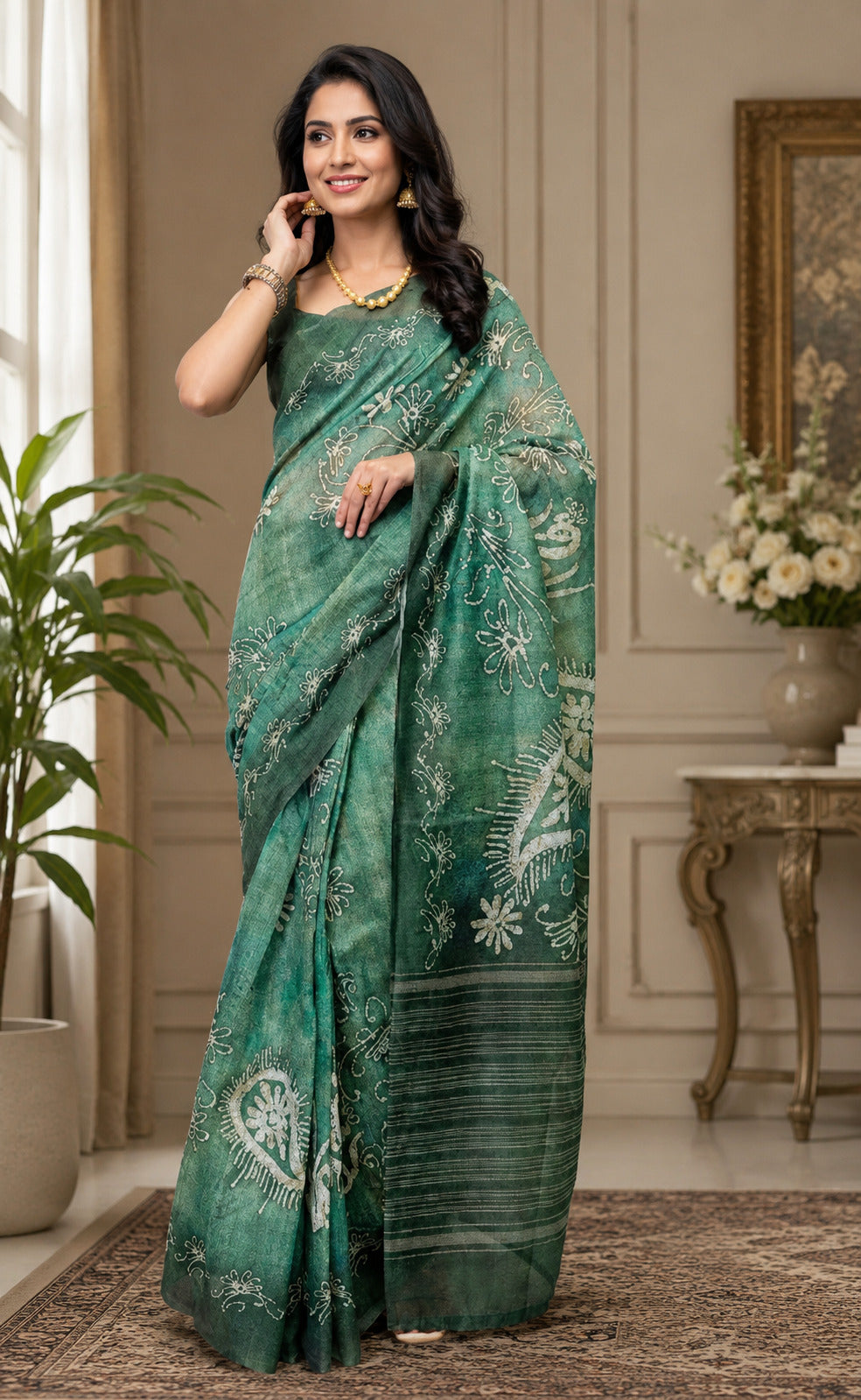 Dwija Fashion Green Party Wear Printed Linen Ready To Wear Saree With Unstitched Blouse