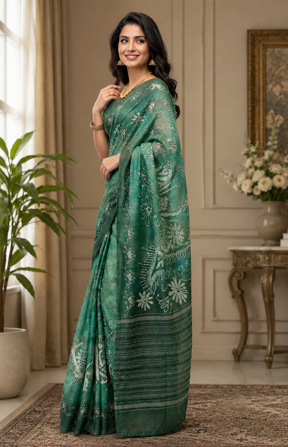 Dwija Fashion Green Party Wear Printed Linen Ready To Wear Saree With Unstitched Blouse