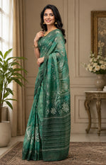 Thumbnail for Dwija Fashion Green Party Wear Printed Linen Ready To Wear Saree With Unstitched Blouse