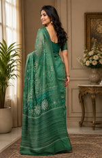 Thumbnail for Dwija Fashion Green Party Wear Printed Linen Ready To Wear Saree With Unstitched Blouse