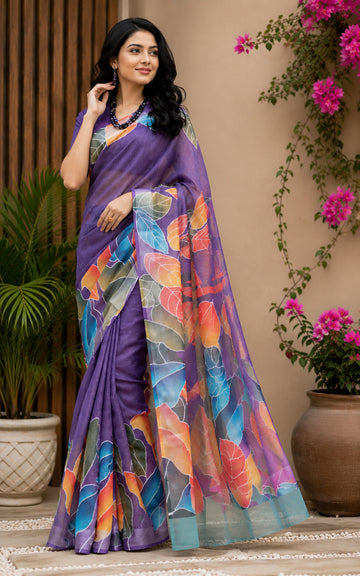 Dwija Fashion Purple Party Wear Printed Linen Ready To Wear Saree With Unstitched Blouse - Dista
