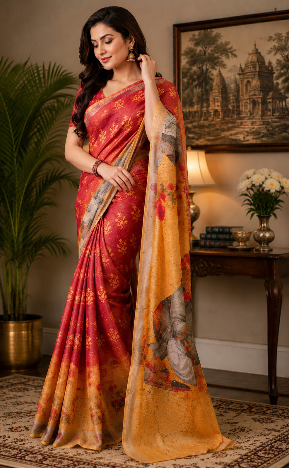 Dwija Fashion Red Party Wear Printed Linen Ready To Wear Saree With Unstitched Blouse