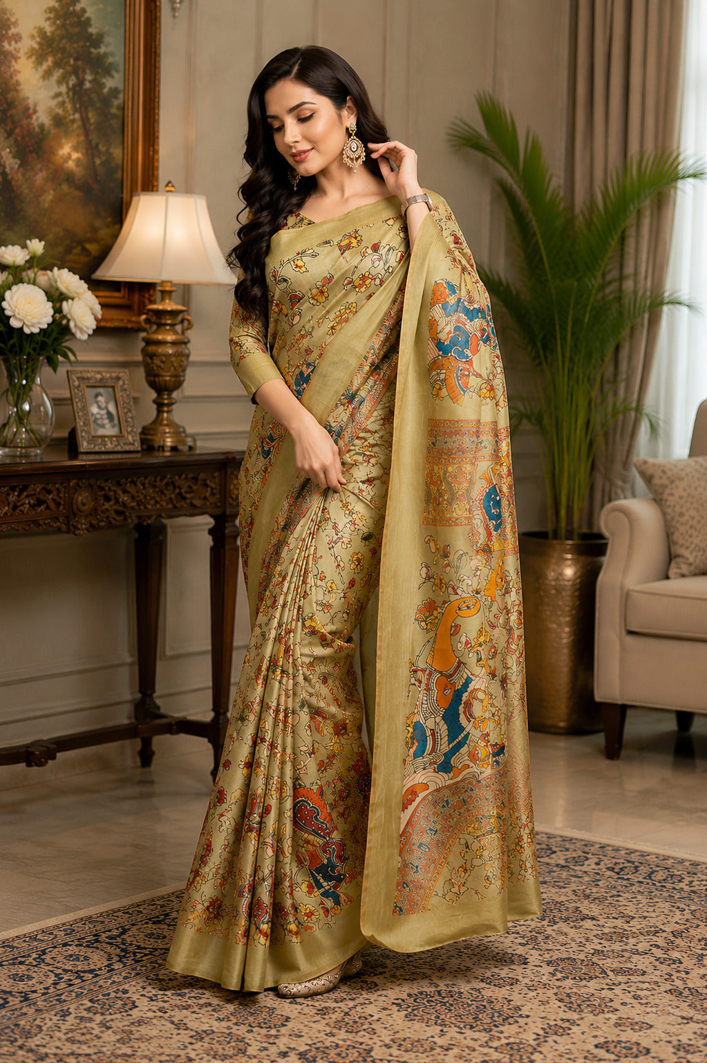 Dwija Fashion Golden Party Wear Printed Linen Ready To Wear Saree With Unstitched Blouse - Dista