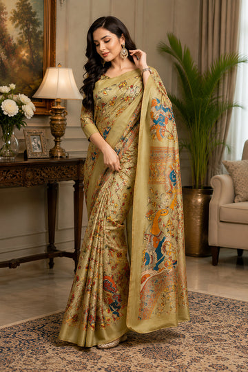 Dwija Fashion Golden Party Wear Printed Linen Ready To Wear Saree With Unstitched Blouse - Dista