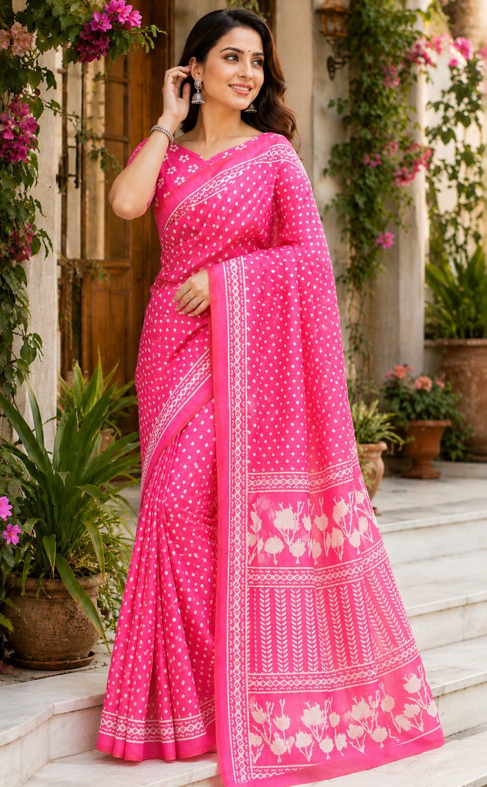 Dwija Fashion Pink Party Wear Printed Linen Ready To Wear Saree With Unstitched Blouse