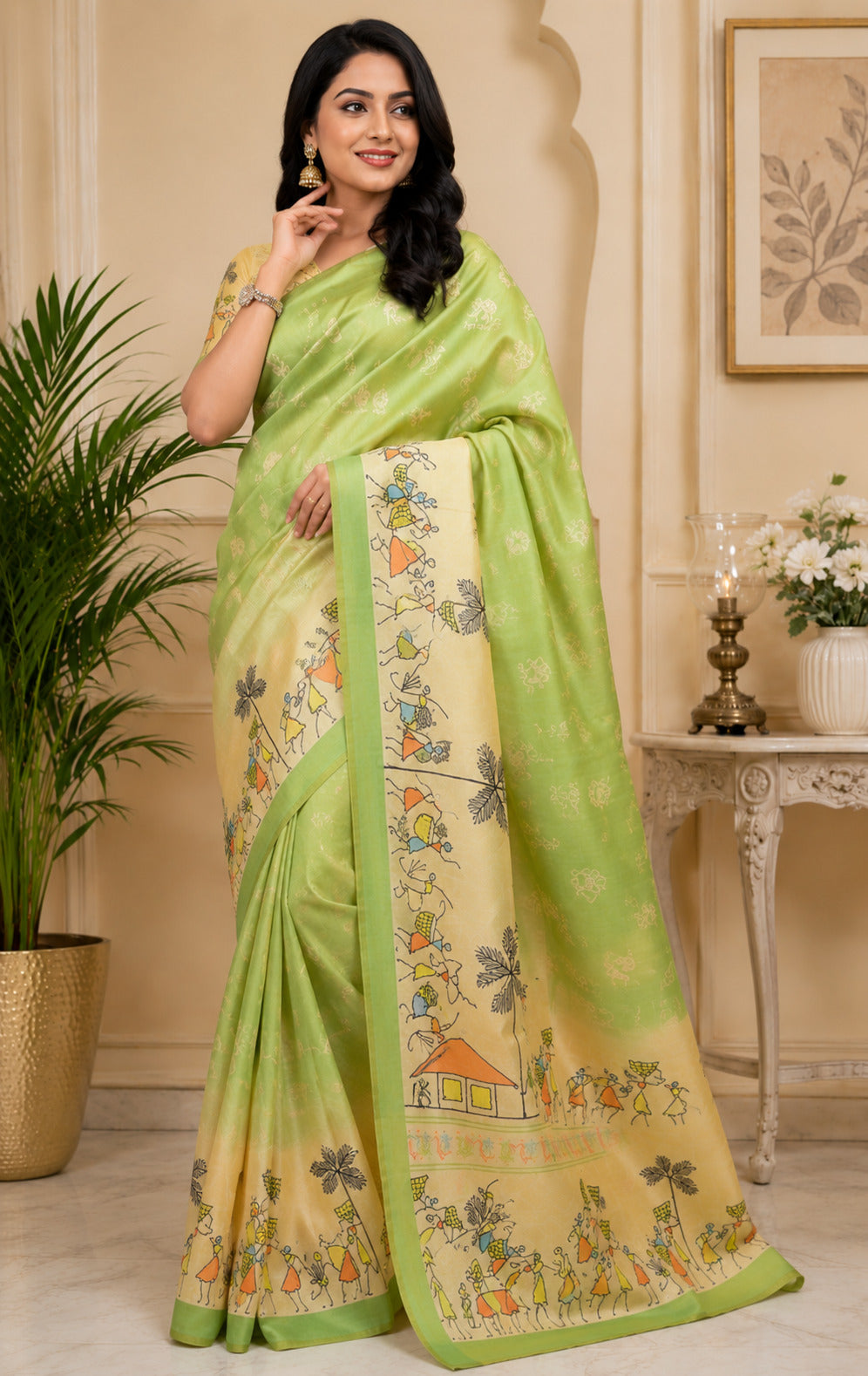 Dwija Fashion Mint Green Party Wear Printed Linen Ready To Wear Saree With Unstitched Blouse