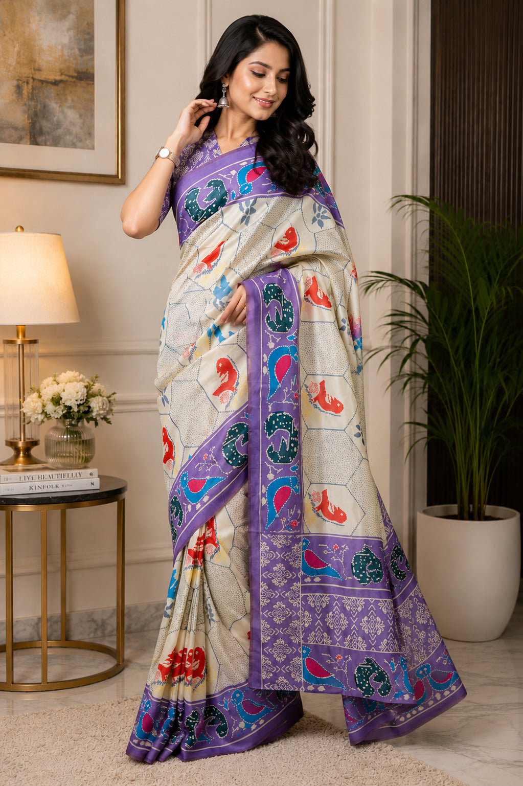 Dwija Fashion Off - White Party Wear Printed Linen Ready To Wear Saree With Unstitched Blouse