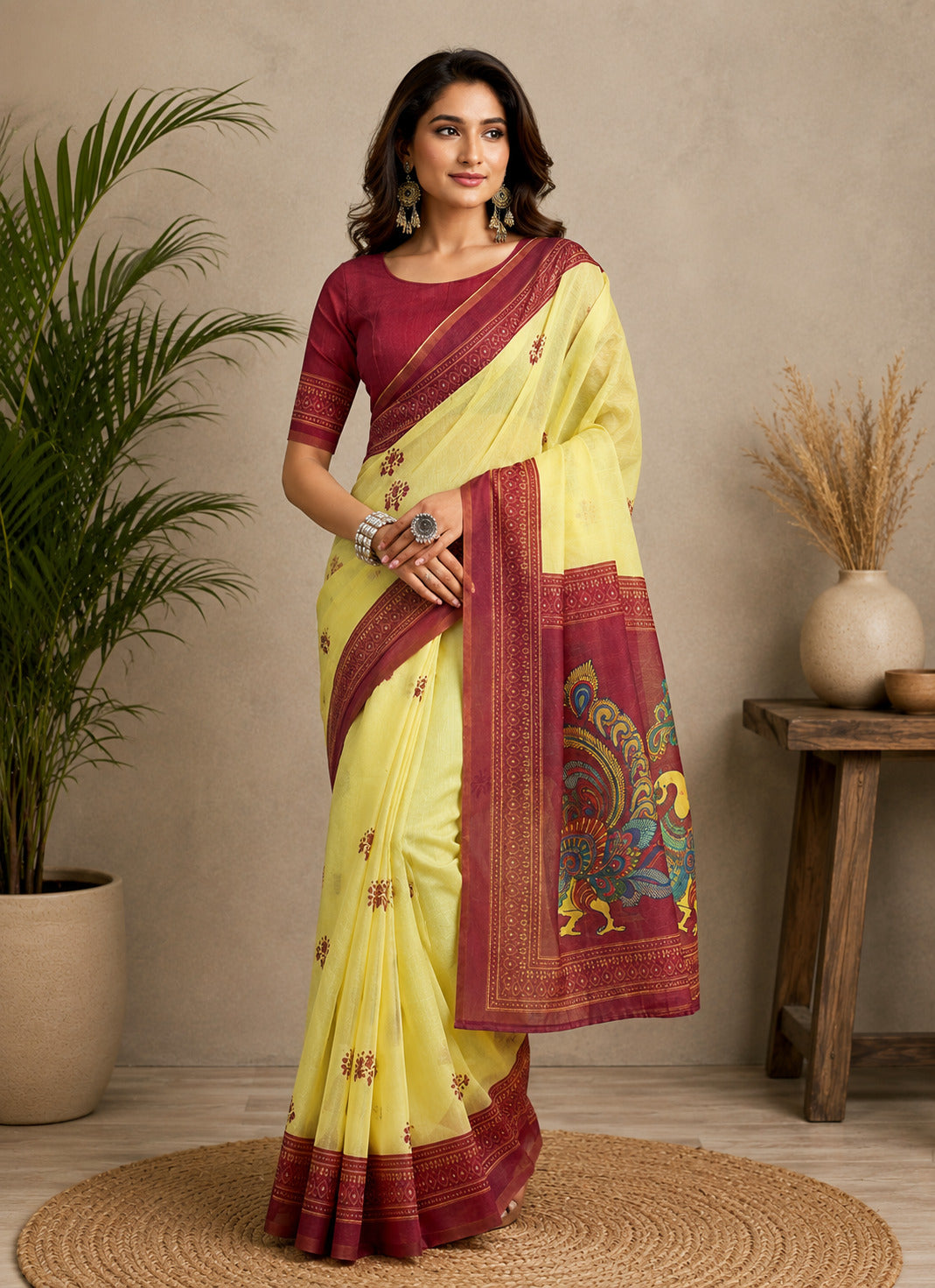 Dwija Fashion Yellow Party Wear Printed Linen Ready To Wear Saree With Unstitched Blouse