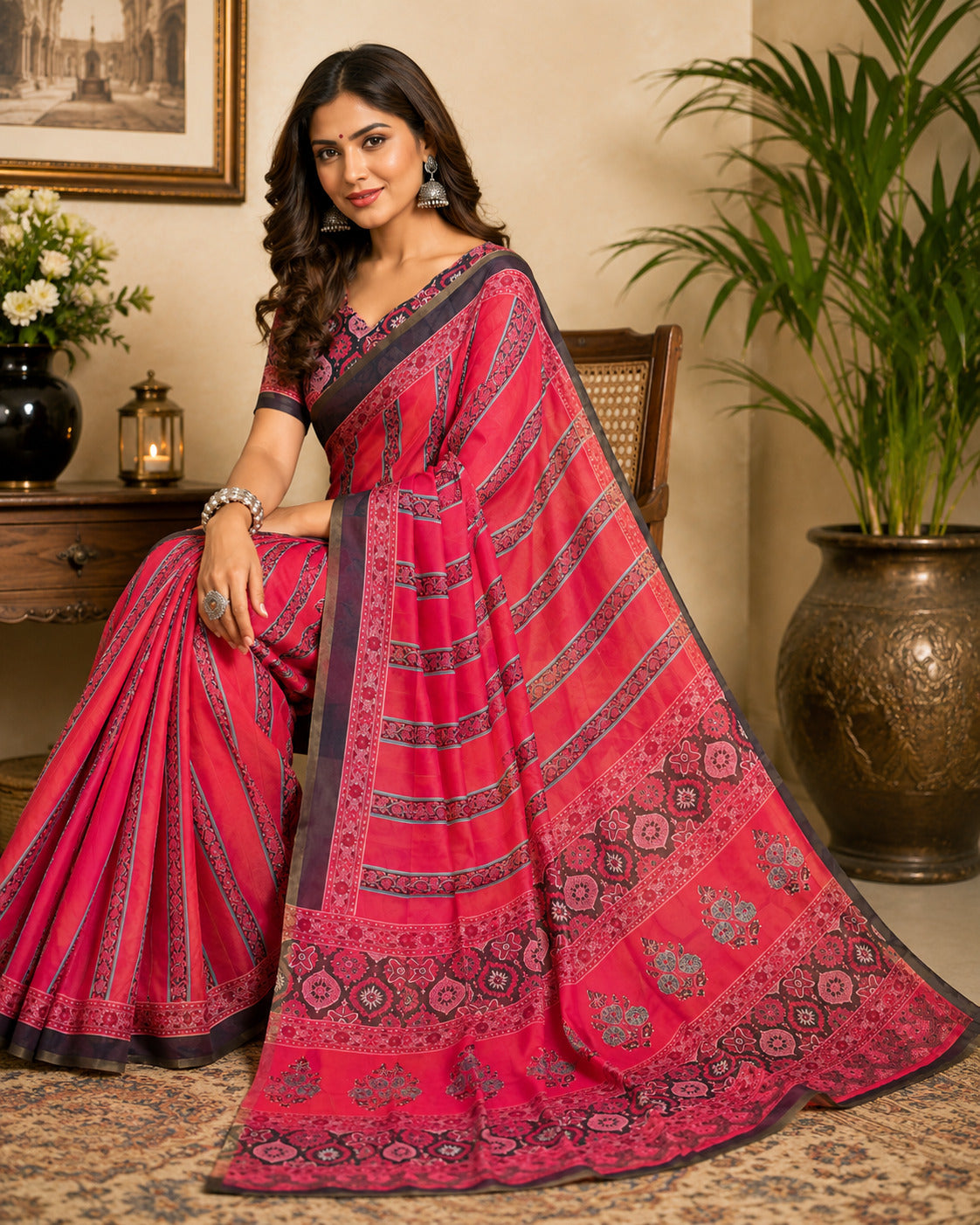 Dwija Fashion Pink Party Wear Printed Linen Ready To Wear Saree With Unstitched Blouse